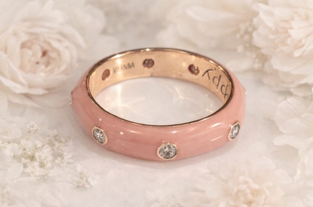 925 Sterling Silver Pink Happy Ring Size 7 Enamel CZ Affirmation Gold Tone VTG
